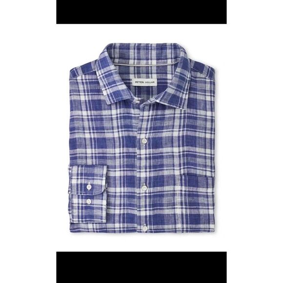 Peter Millar‎ Crown Long Sleeve Plaid Button Down Shirt Mens XL Blue Linen New